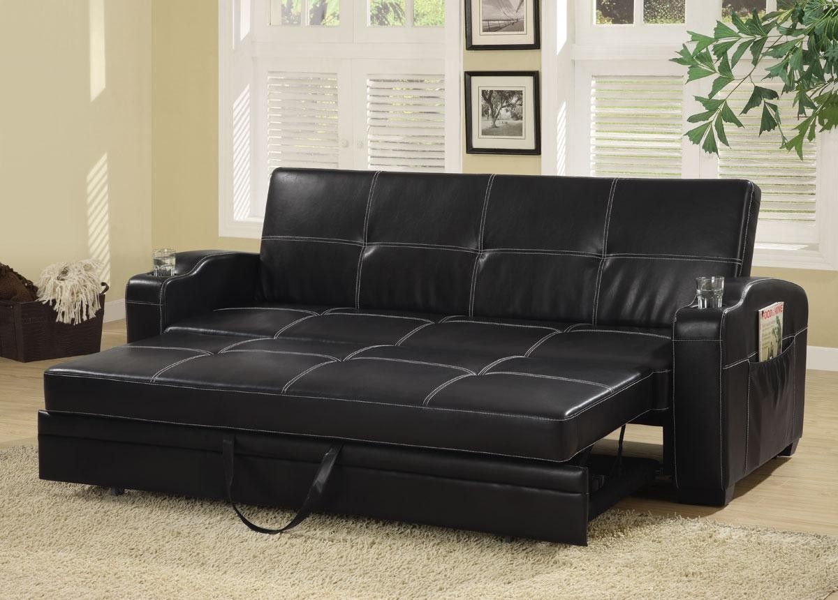 Faux Leather Sofa Bed With Storage And Cup Holders From Regarding Liberty Sectional Futon Sofas With Storage (View 14 of 15)