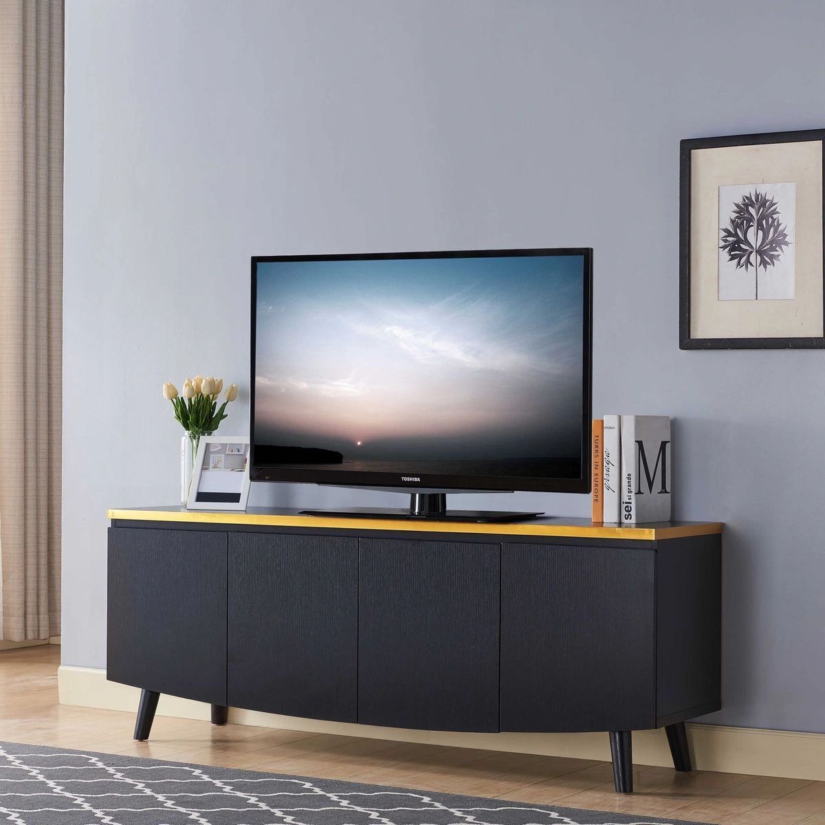 Fc Design 60"w Modern Tv Stand With Two Cabinets In Black Regarding Modern Design Tv Cabinets (Photo 4 of 15)
