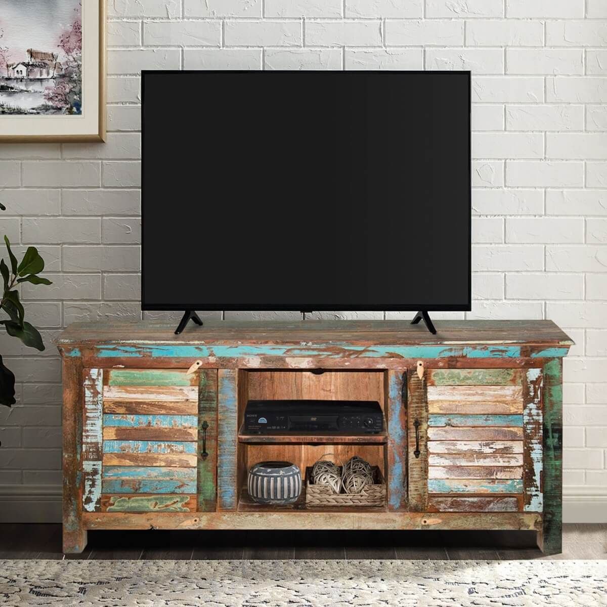 Fenwick Rustic Reclaimed Wood Shutter Door Tv Stand Media Intended For Wooden Tv Cabinets (View 14 of 15)
