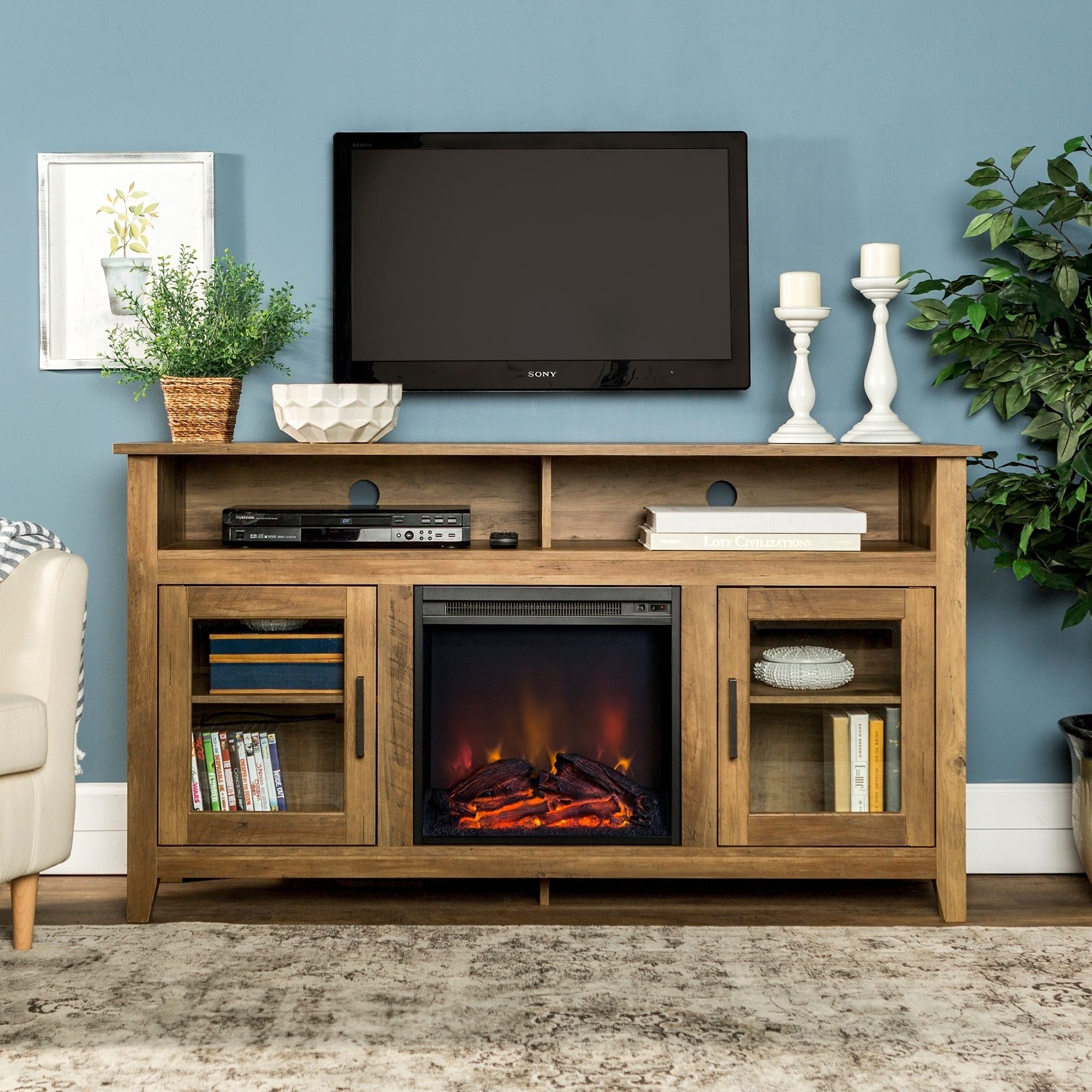 Fireplace Tv Stand Oak | Omeublog Secreto Within Modern Farmhouse Fireplace Credenza Tv Stands Rustic Gray Finish (View 2 of 15)