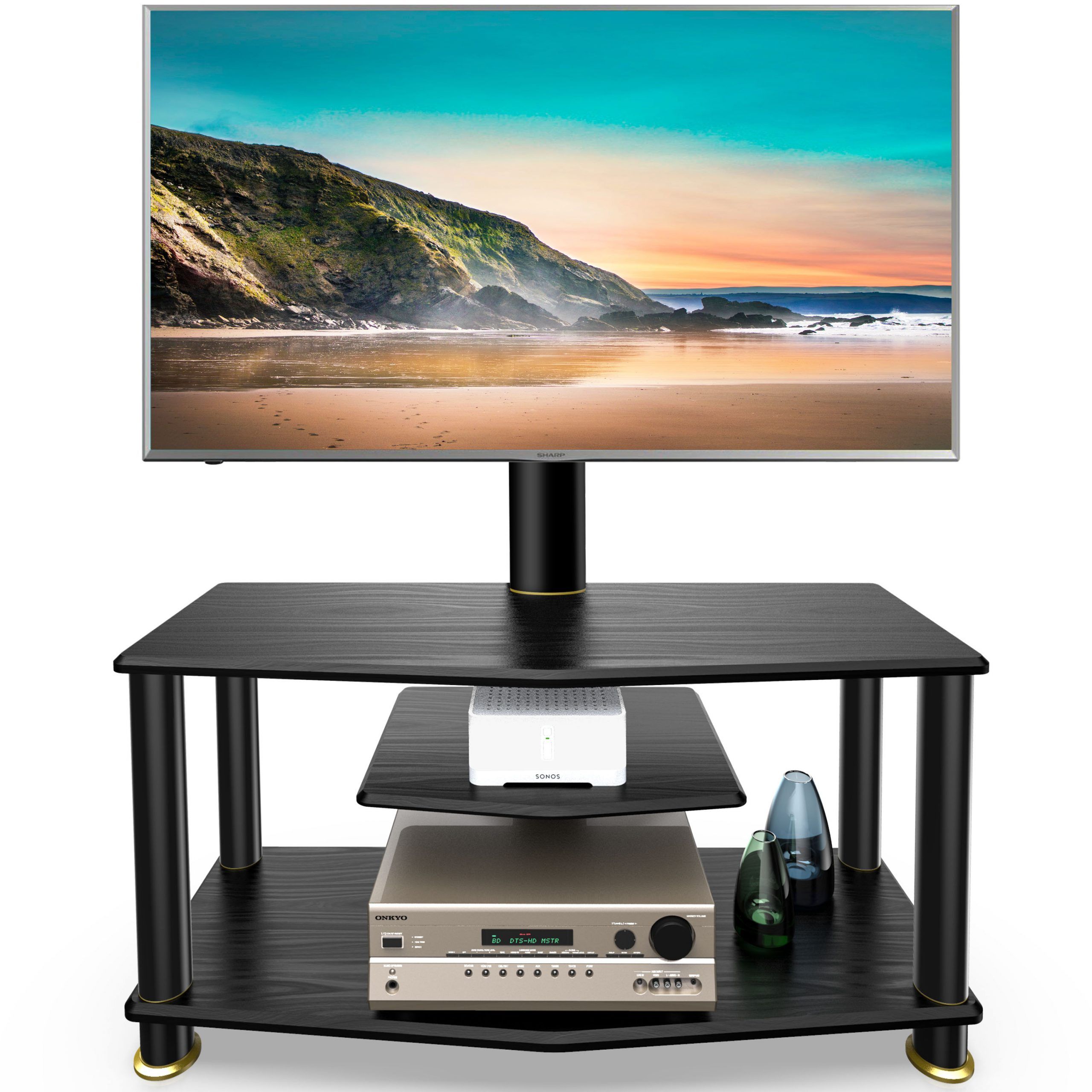 Fitueyes 3 Tiers Floor Tv Stand With Swivel Mount And In Wood Tv Floor Stands (View 6 of 15)