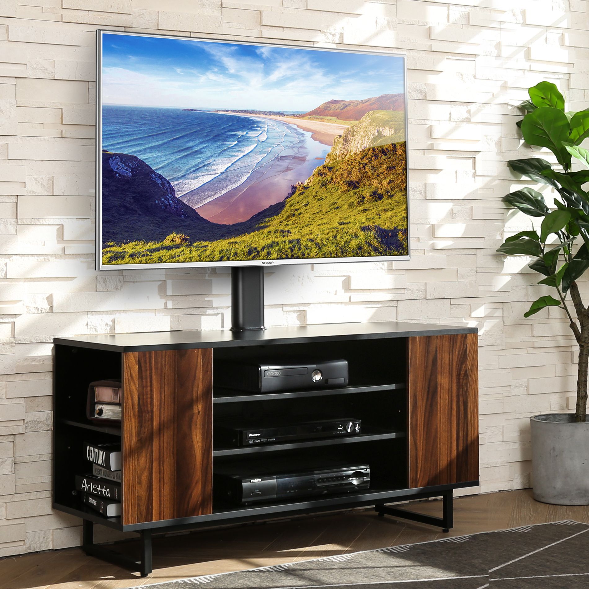Fitueyes 3 Tiers Floor Wood Tv Stand Media Console With In Wood And Glass Tv Stands For Flat Screens (View 11 of 15)