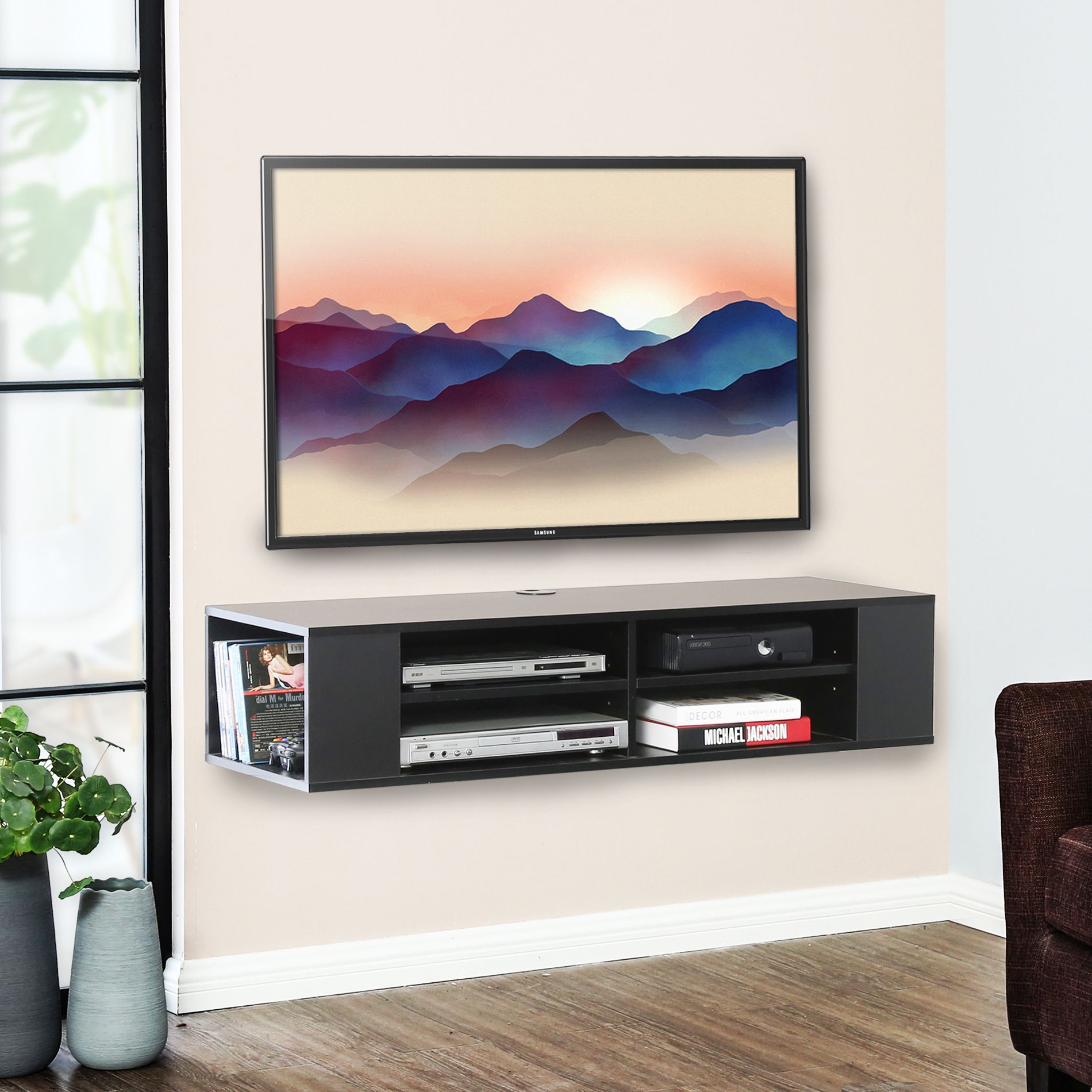 Fitueyes Black Wall Mounted Media Console Floating Tv Inside Wall Mounted Tv Racks (View 8 of 15)