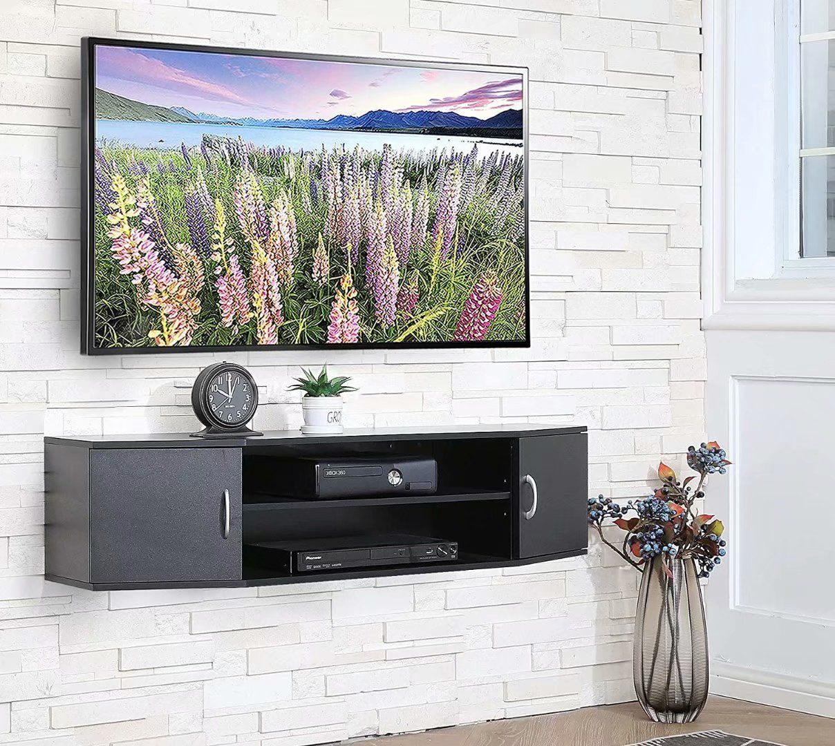 Fitueyes Black Wall Mounted Media Console Floating Tv Throughout Wall Mounted Tv Stand Entertainment Consoles (View 3 of 15)