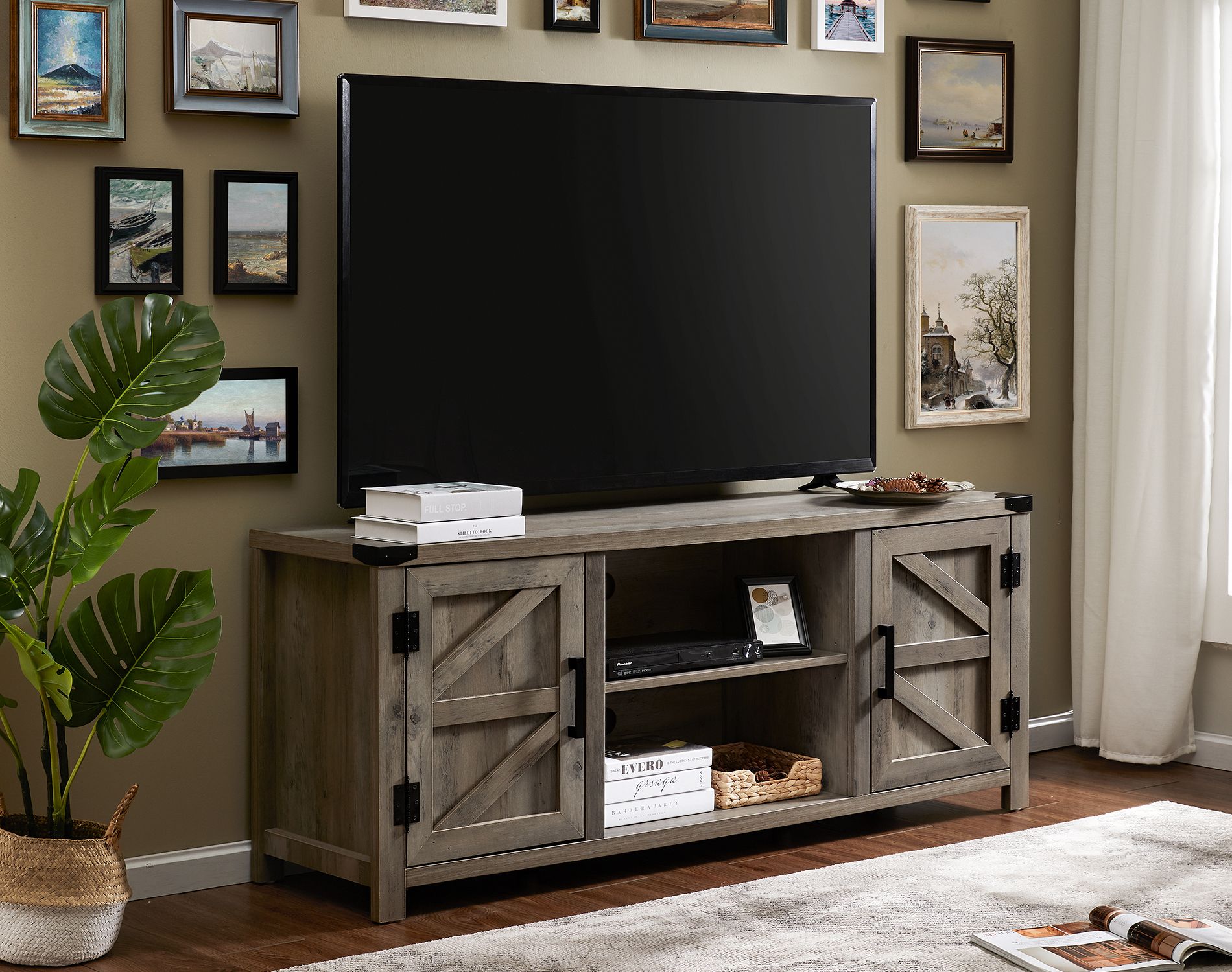 Fitueyes Farmhouse Barn Door Wood Tv Stands For 70 Inch For Fitueyes Rolling Tv Cart For Living Room (View 14 of 15)