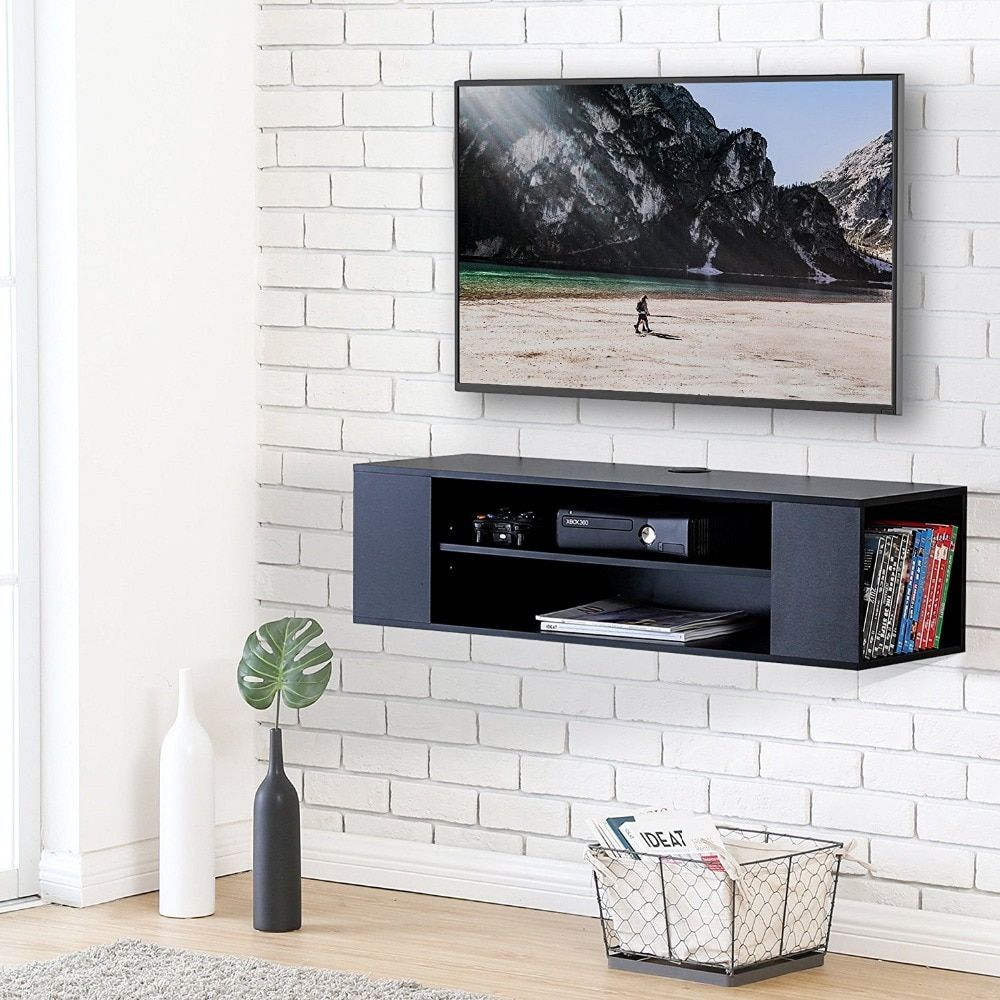 Fitueyes Wall Mounted Media Console Audio/video Black Wood Intended For Console Under Wall Mounted Tv (View 9 of 15)