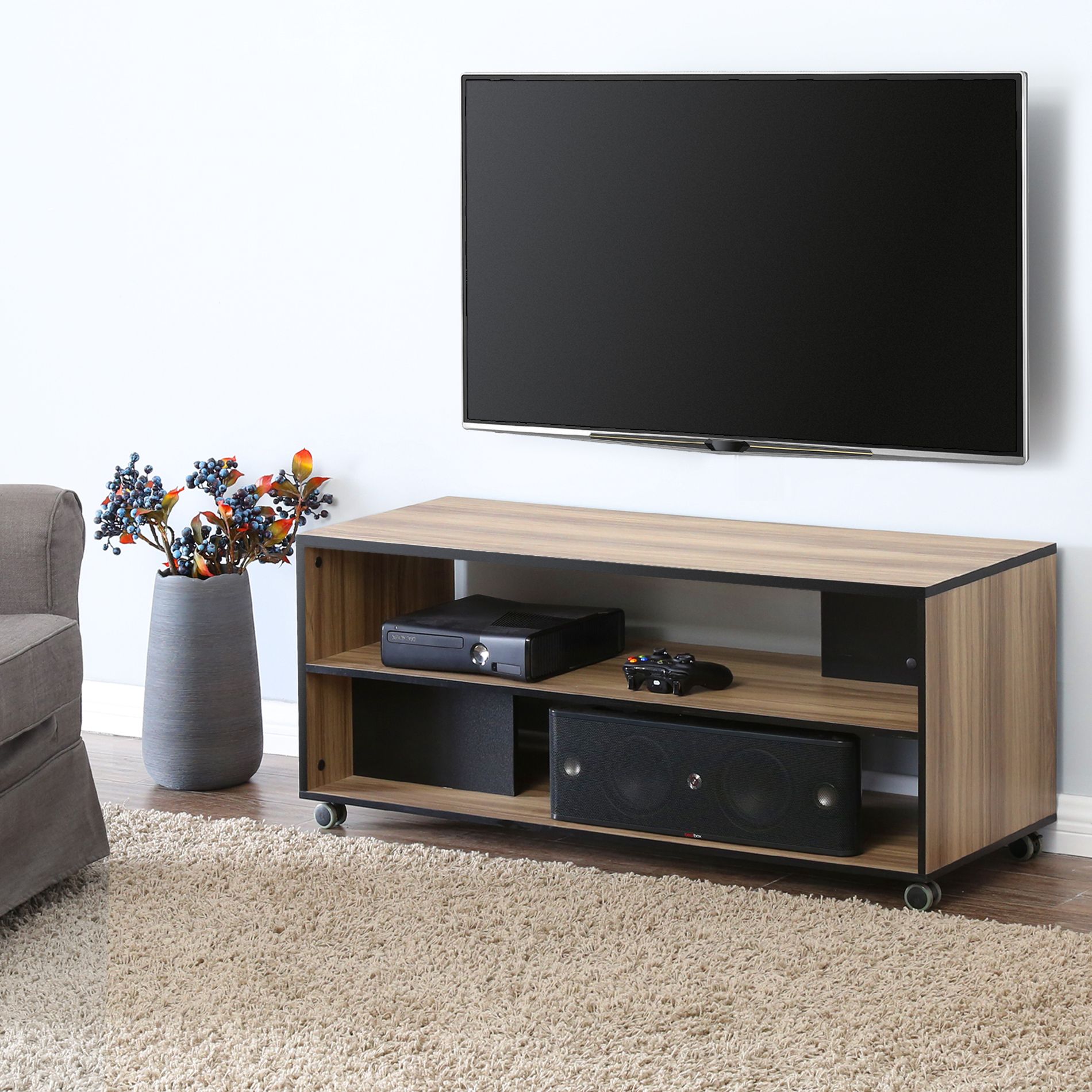 Fitueyes Wood Tv Stand Storage Console With Wheels For 23 For Wooden Tv Stands (View 14 of 15)