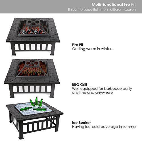 Fixkit Outdoor Fire Pit Table With Grill, Metal Square Pertaining To Boston 01 Electric Fireplace Modern 79" Tv Stands (View 11 of 15)