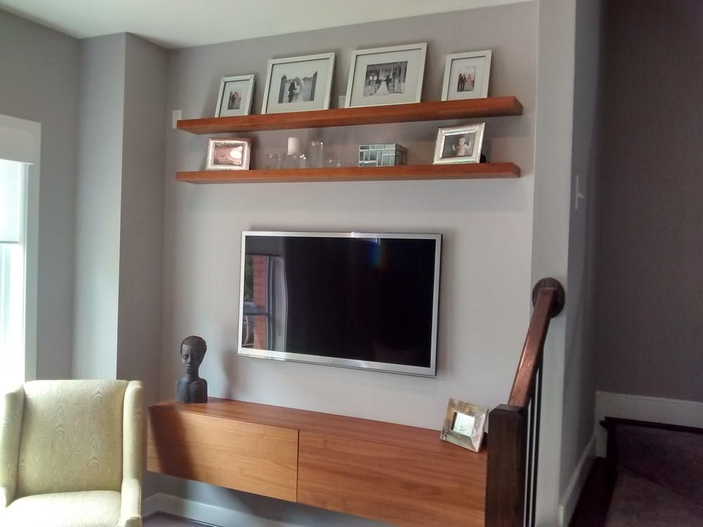 Floating Media Cabinet And Shelves With Wall Mounted Tv Regarding Tv Wall Cabinets (View 12 of 15)