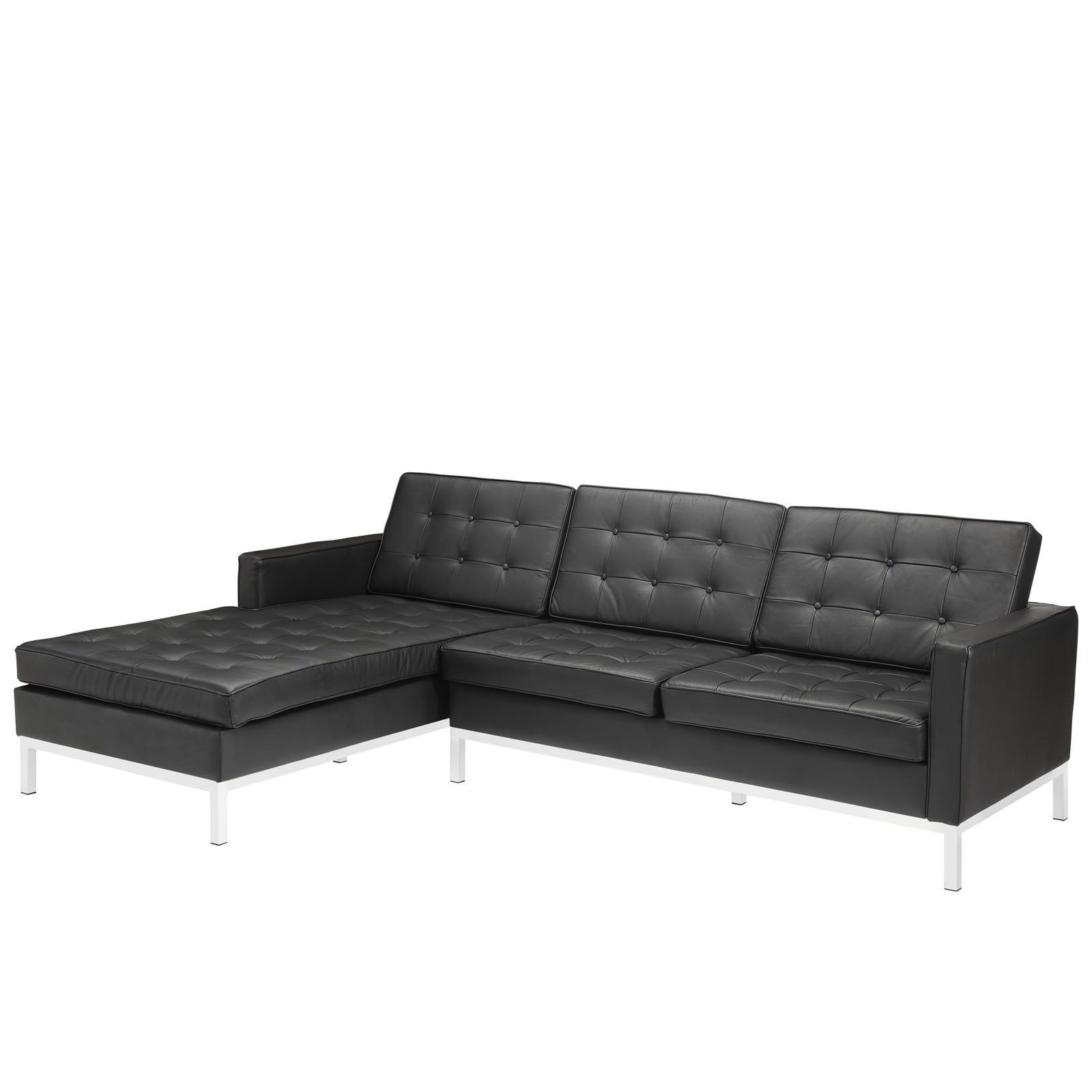 Florence Knoll Style Sectional Sofa In Black Leather Left Intended For Florence Mid Century Modern Velvet Left Sectional Sofas (Photo 2 of 15)