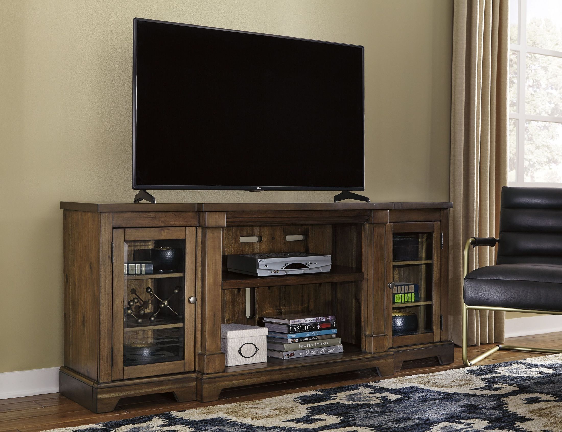 Flynnter Medium Chestnut Brown Xl Tv Stand With Fireplace Pertaining To Brown Tv Stands (Photo 1 of 15)