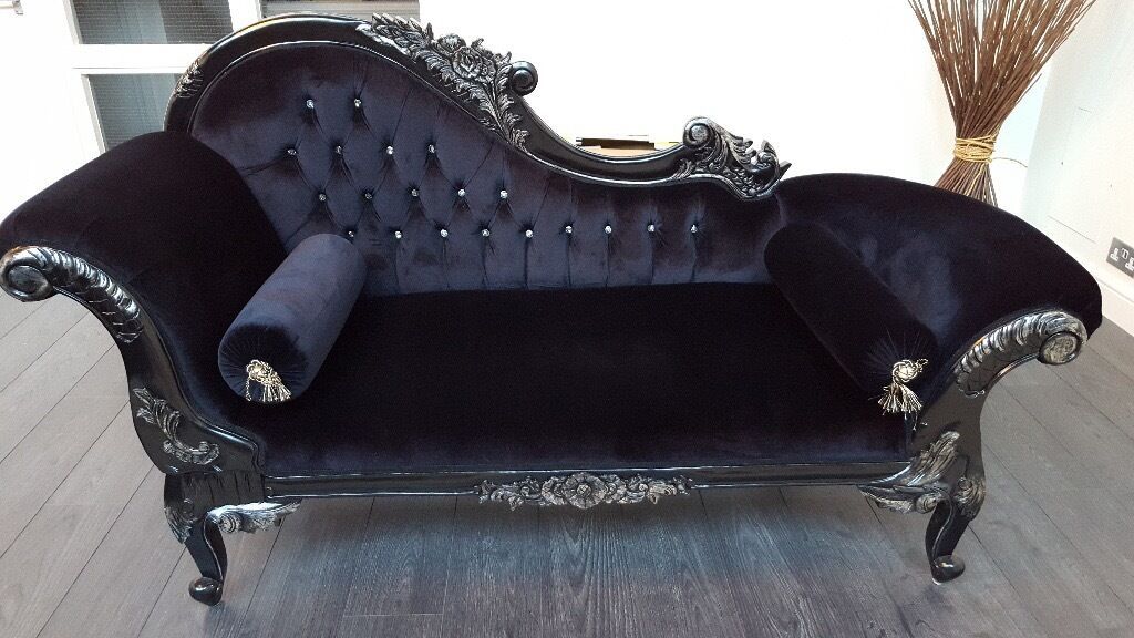 For Sale – Black Ornate French Velvet Chaise Longue With 4pc French Seamed Sectional Sofas Velvet Black (View 2 of 15)