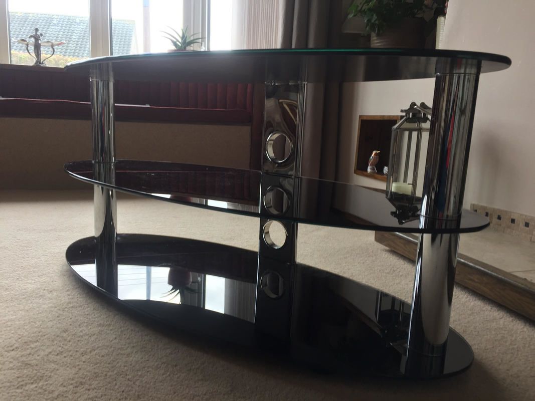 For Sale * Nearly New * Oval Black Glass And Chrome Tv Pertaining To Oval Tv Stands (View 6 of 15)