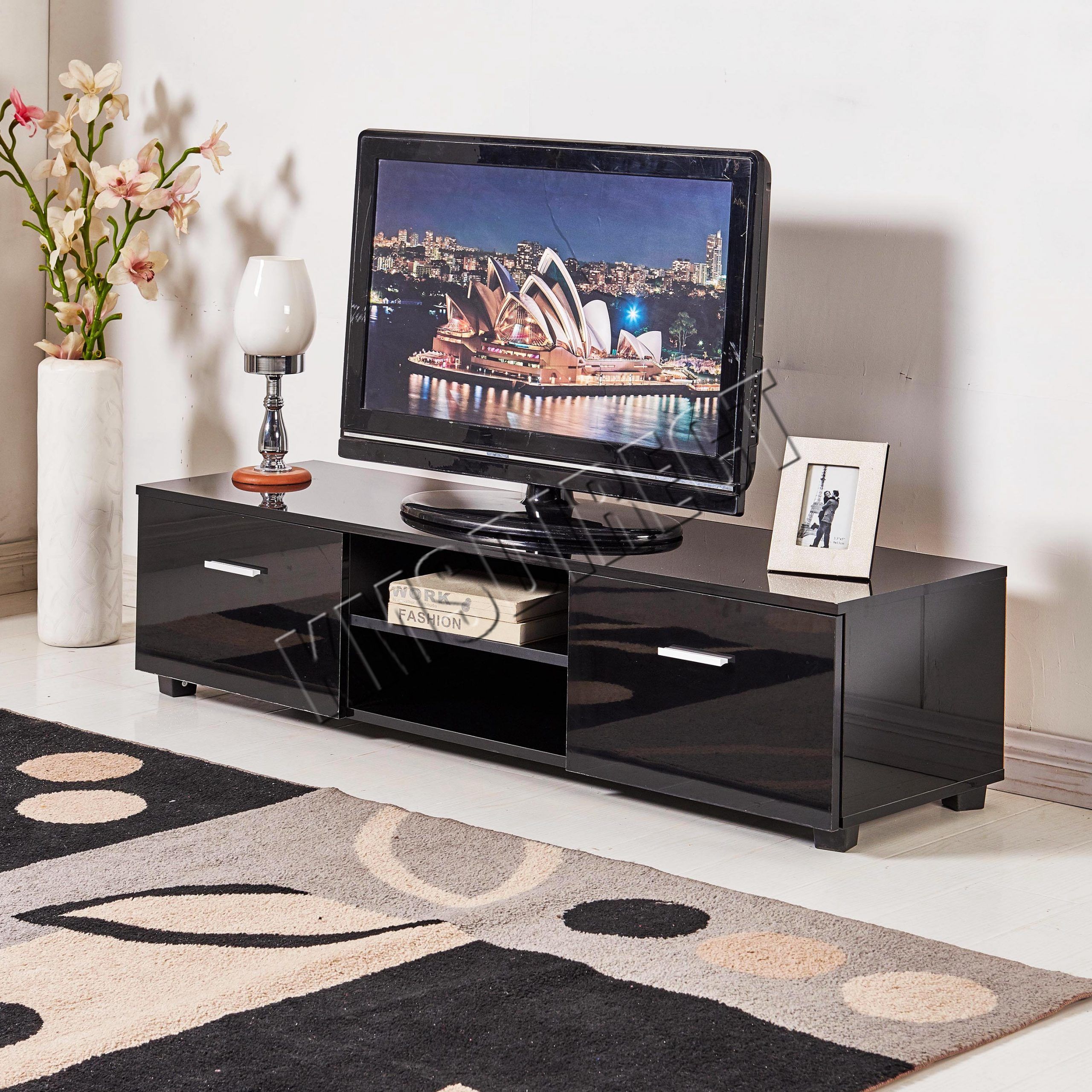 Foxhunter High Gloss Mdf Tv Cabinet Unit Stand Black Home Intended For Black Gloss Tv Stand (View 2 of 15)