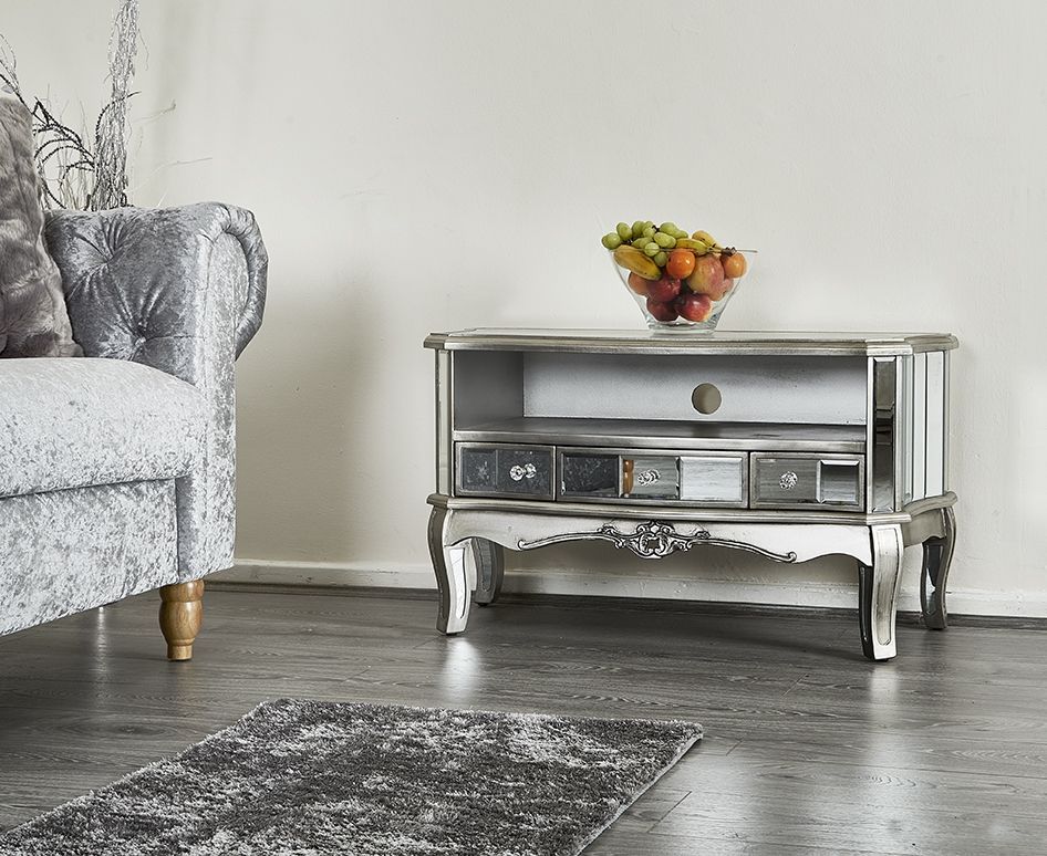 French Shabby Chic Silver Mirrored Tv Stand Unit Storage With Fitzgerald Mirrored Tv Stands (Photo 4 of 15)