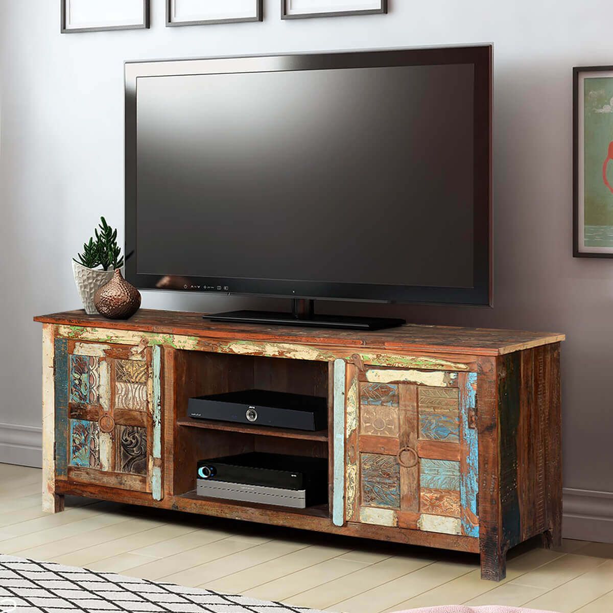 Frontier Rustic Hand Carved Reclaimed Wood Tv Console Intended For Rustic Wood Tv Cabinets (View 15 of 15)