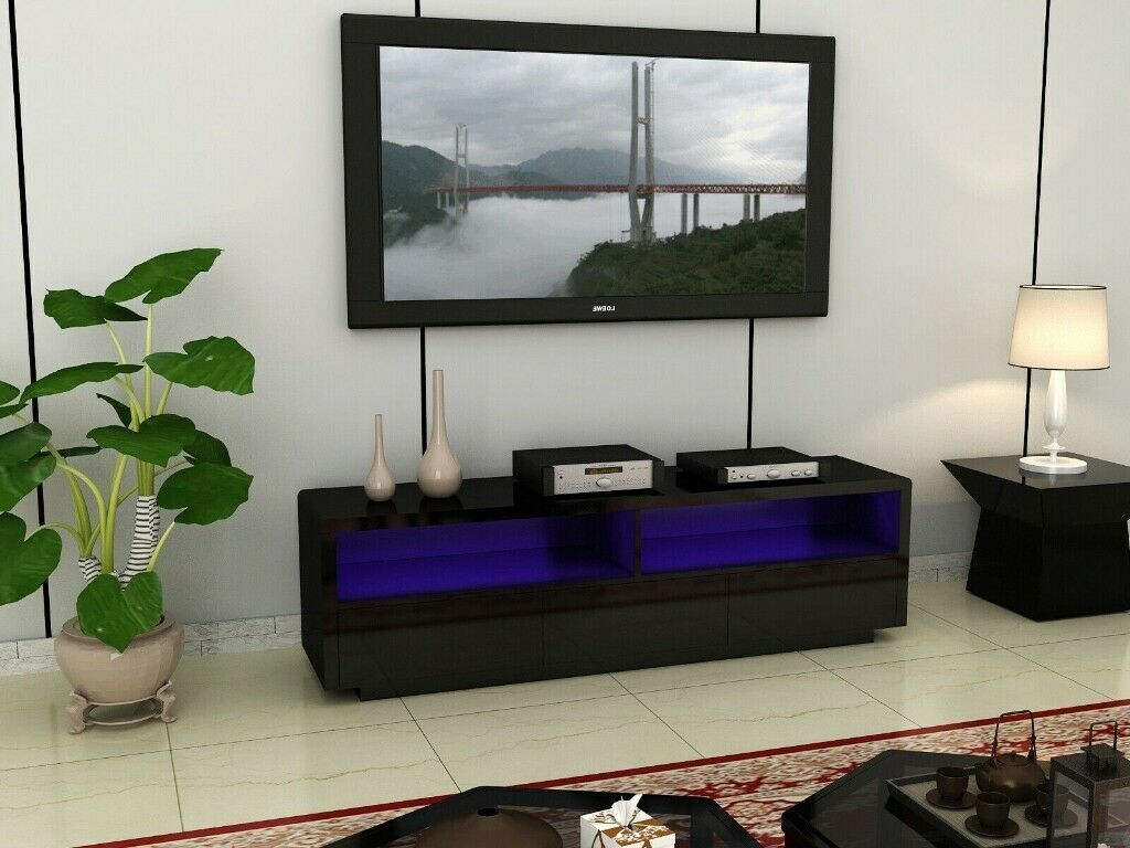 Fully Gloss Large Black High Gloss Led Light Tv Stand Unit With Regard To Zimtown Tv Stands With High Gloss Led Lights (View 15 of 15)