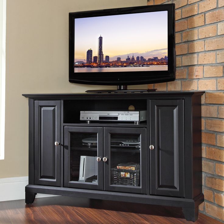 Furniture: Corner Black Tv Cabinet On Wood Flooring With Pertaining To Exhibit Corner Tv Stands (View 10 of 15)