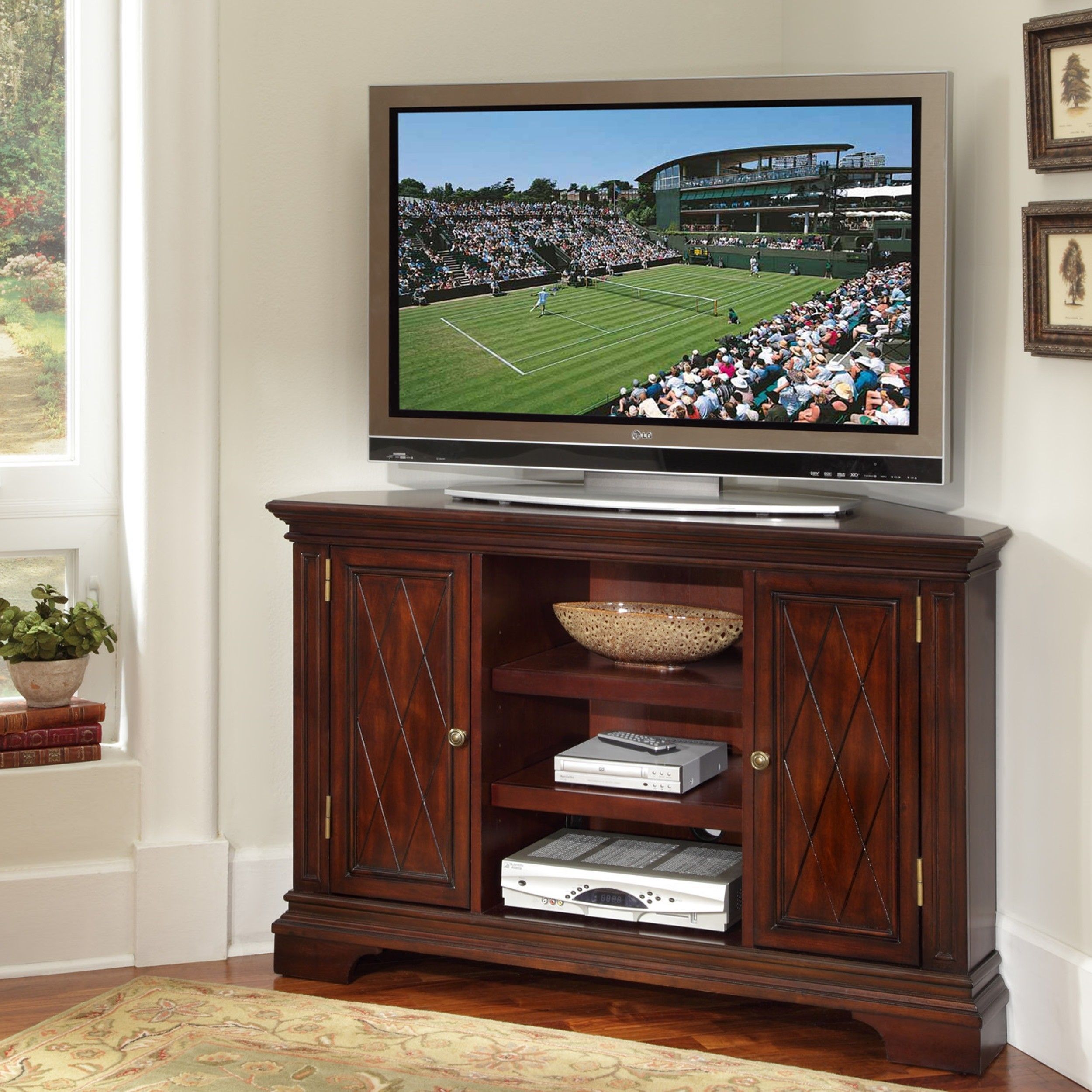 Furniture Corner Dark Varnished Cherry Wood Tv Cabinet For Dark Brown Corner Tv Stands (View 3 of 15)