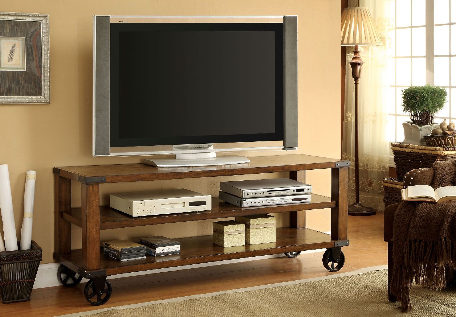 Furniture Of America Cm5227 Caster Wheels Dark Oak Finish Inside Mobile Tv Stands With Lockable Wheels For Corner (View 15 of 15)