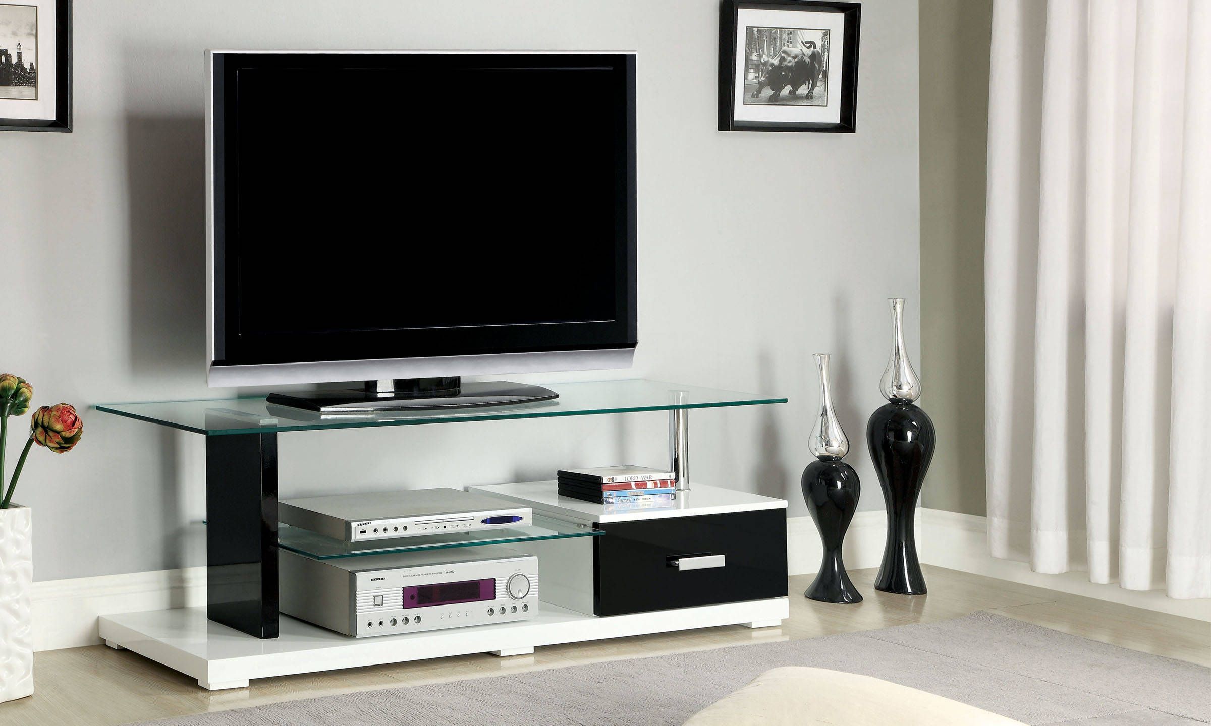 Furniture Of America Egaleo 55 Inch Glass Top Tv Console Throughout Black Tv Cabinets With Drawers (View 9 of 15)