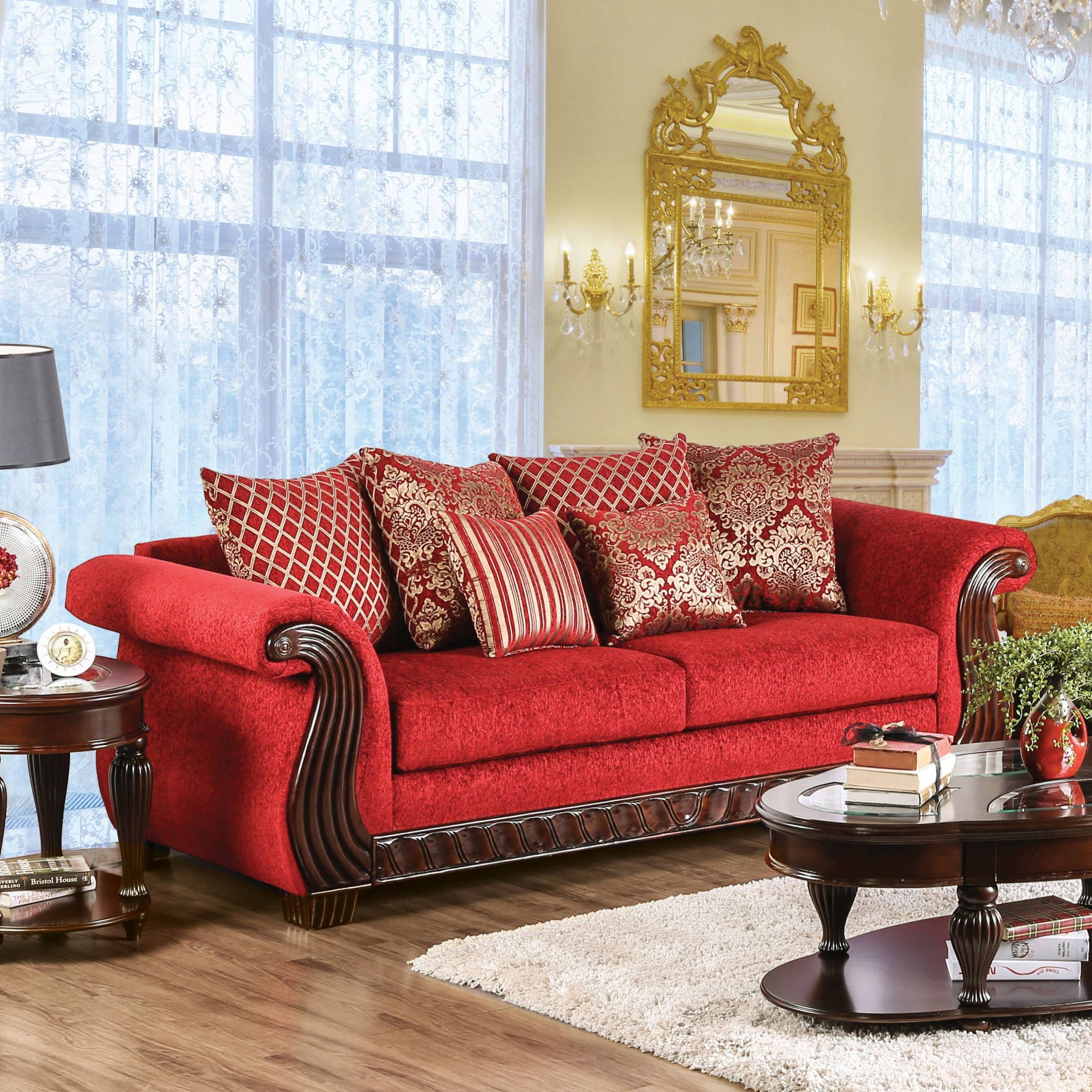 Furniture Of America Ferga Traditional Wood Trim Ruby Red Intended For Red Sofas (View 4 of 15)