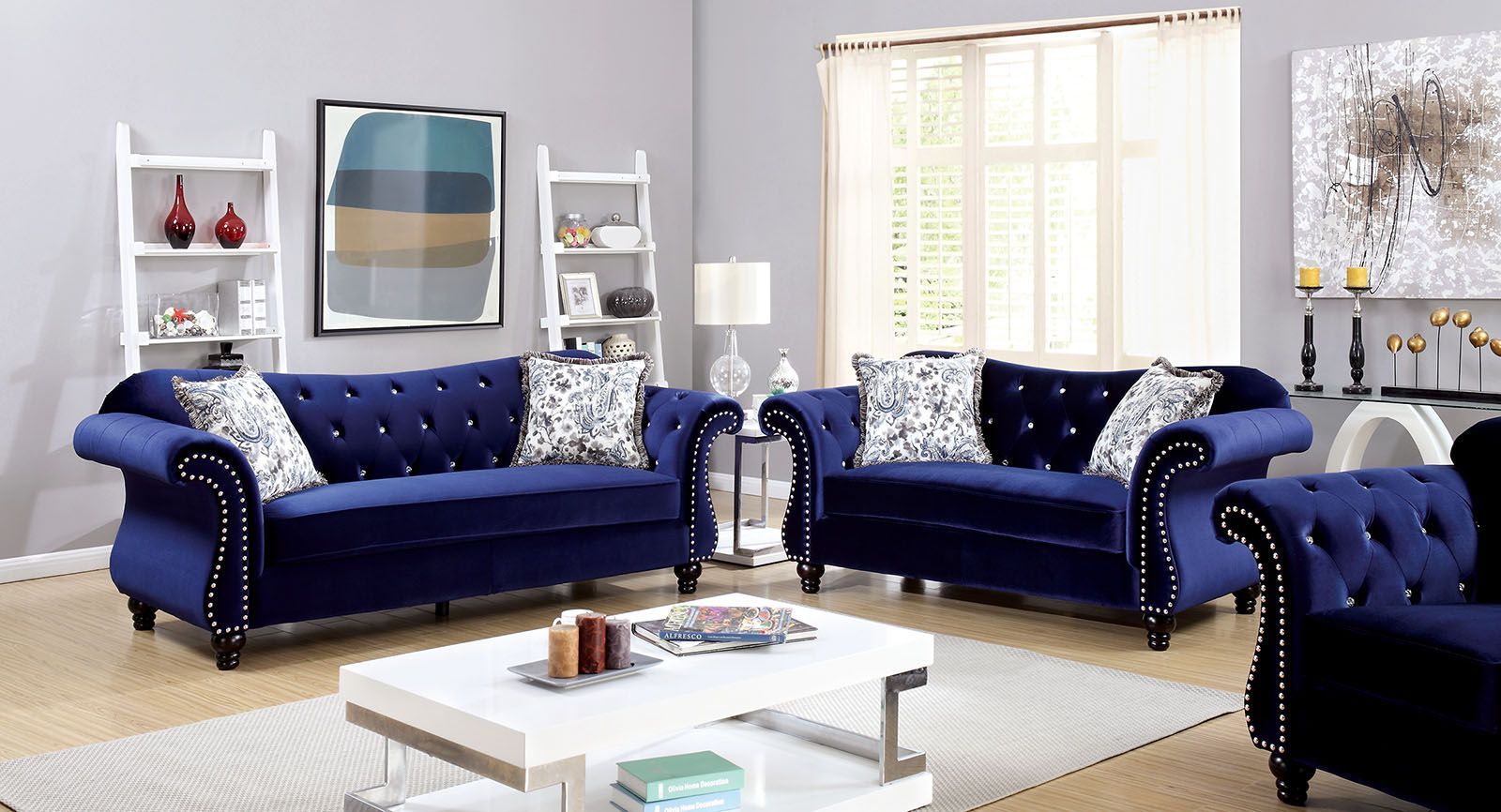Furniture Of America Jolanda Blue Flannelette Fabric With Molnar Upholstered Sectional Sofas Blue/gray (View 12 of 15)
