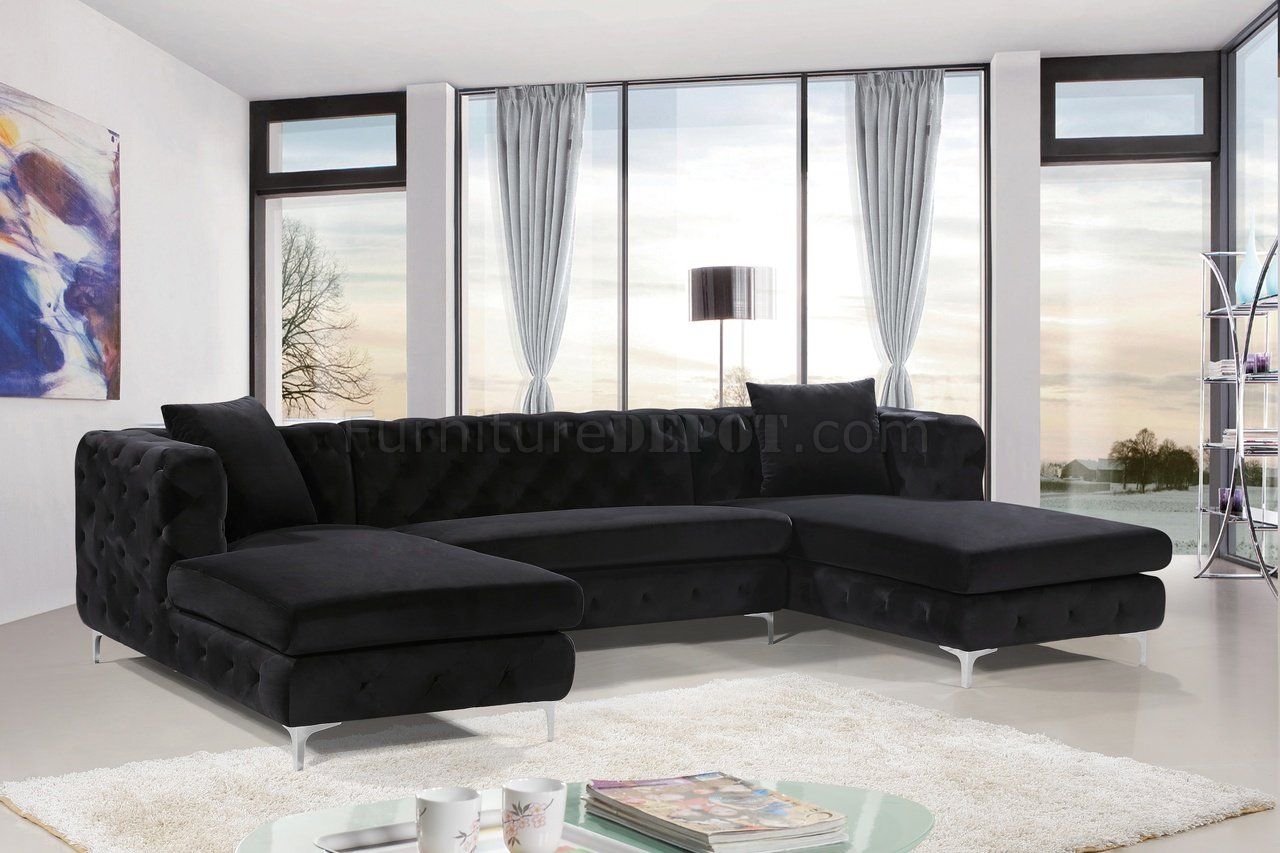Gail Sectional Sofa 664 In Black Velvet Fabricmeridian Intended For 2pc Connel Modern Chaise Sectional Sofas Black (View 9 of 15)