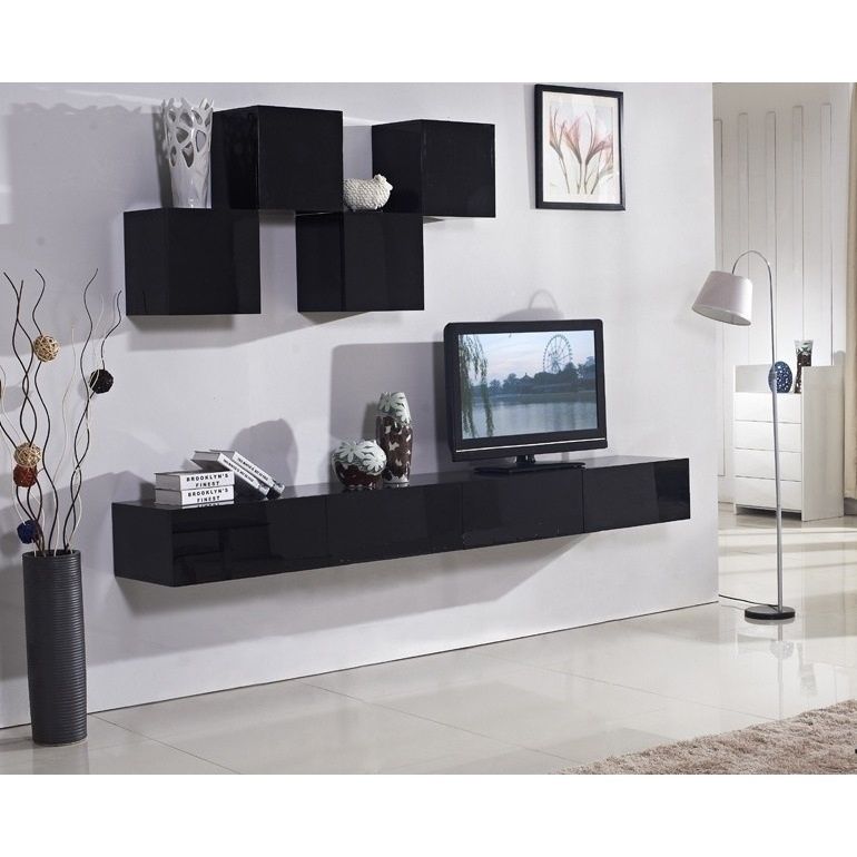 Galaxi Floating Tv Cabinet In Gloss Black 2.4m | Buy Wall With Black Gloss Tv Wall Unit (Photo 11 of 15)