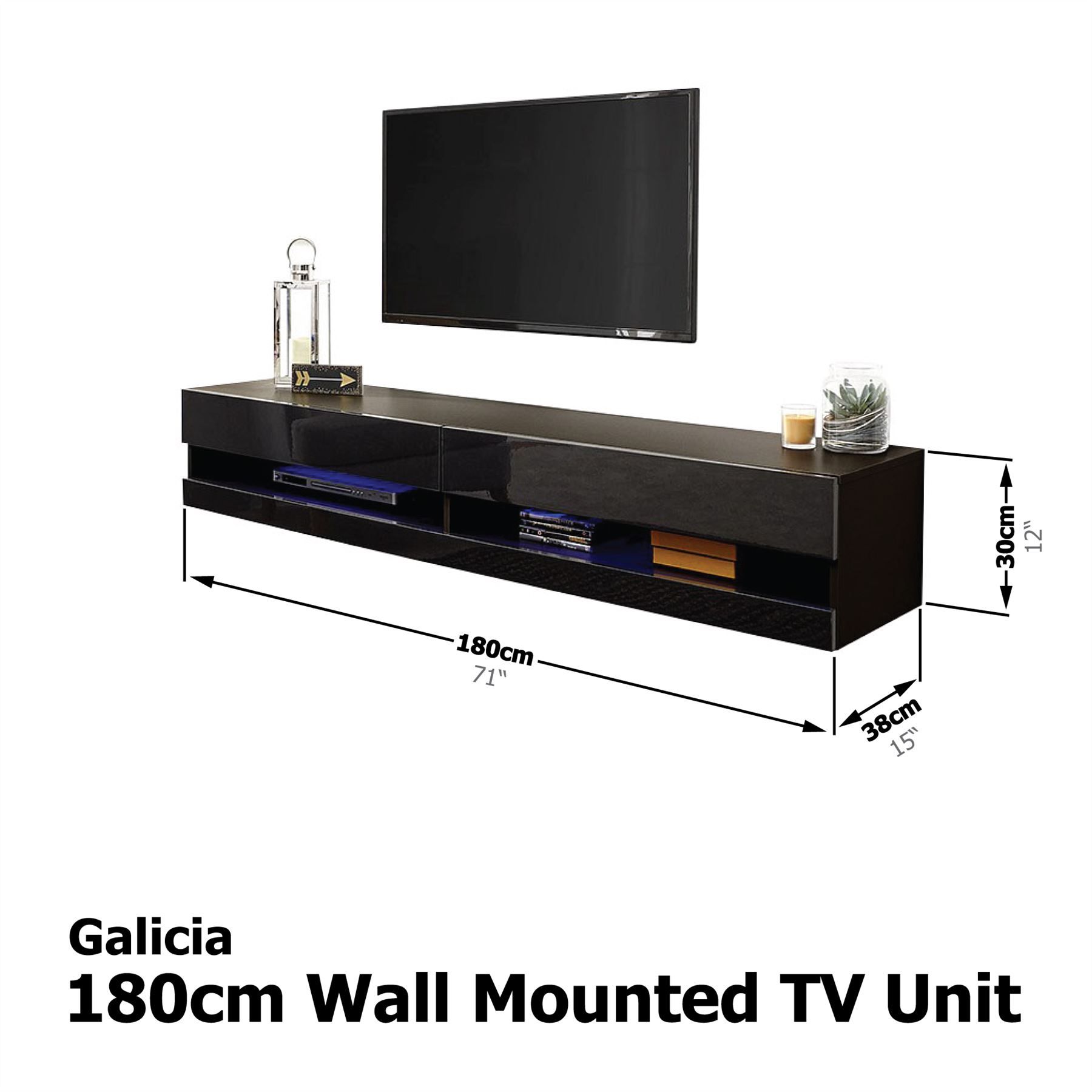 Galicia 120cm 150cm 180cm Wall Tv Unit Stand W/ Led Lcd Intended For Galicia 180cm Led Wide Wall Tv Unit Stands (Photo 4 of 15)