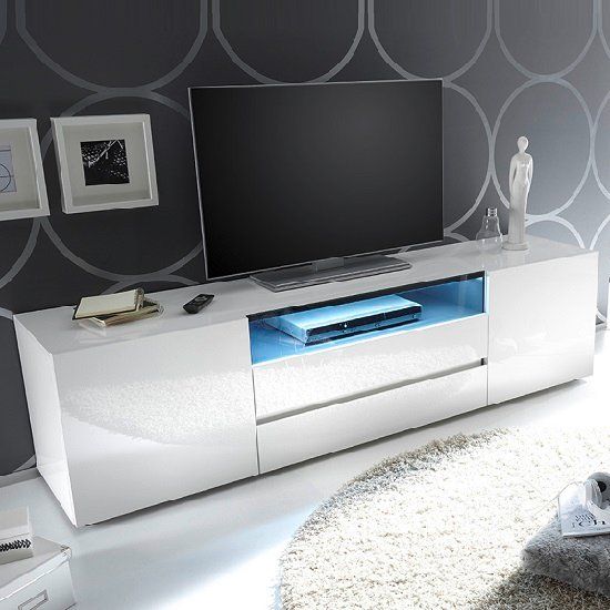 Genie Tv Stand In High Gloss White With 2 Drawers And Led Throughout Tv High Stands (Photo 14 of 15)