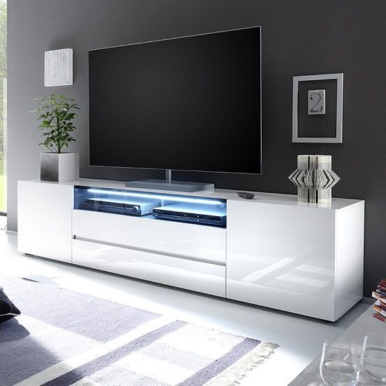 Genie Wide Tv Stand In High Gloss White With Led Lighting With 47&quot; Tv Stands High Gloss Tv Cabinet With 2 Drawers (View 14 of 15)