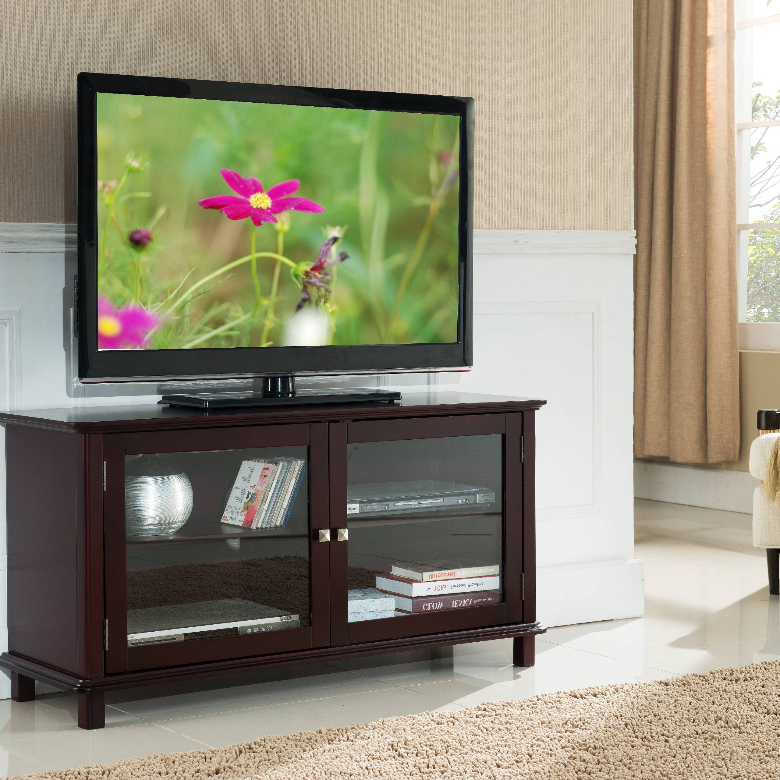 Giselle 47" Dark Cherry Wood Contemporary Entertainment Throughout Dark Wood Tv Cabinets (Photo 2 of 15)