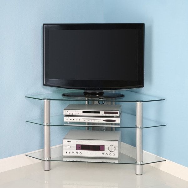 Glass Metal 44 Inch Corner Tv Stand – 11527607 – Overstock Inside Contemporary Black Tv Stands Corner Glass Shelf (View 10 of 15)