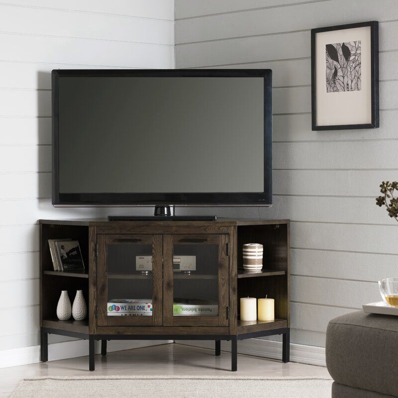 Gracie Oaks Virna Corner Tv Stand For Tvs Up To 50 For Glass Shelves Tv Stands For Tvs Up To 50" (View 2 of 15)