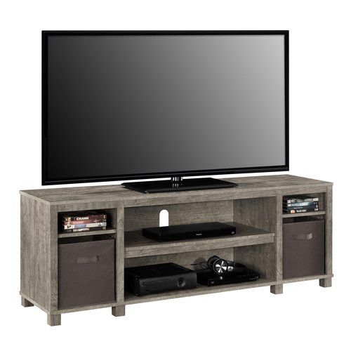 Gray Tv Stand Console W/ 2 Bins Storage Home Entertainment Inside Woven Paths Open Storage Tv Stands With Multiple Finishes (View 10 of 15)