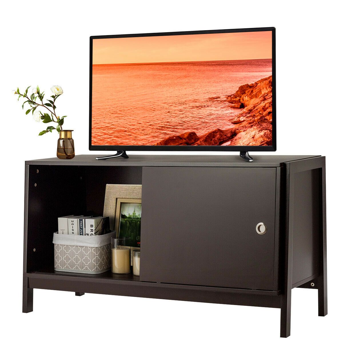 Gymax Tv Stand Modern Entertainment Cabinet For Tv's Up To With Regard To Modern Sliding Door Tv Stands (View 5 of 15)