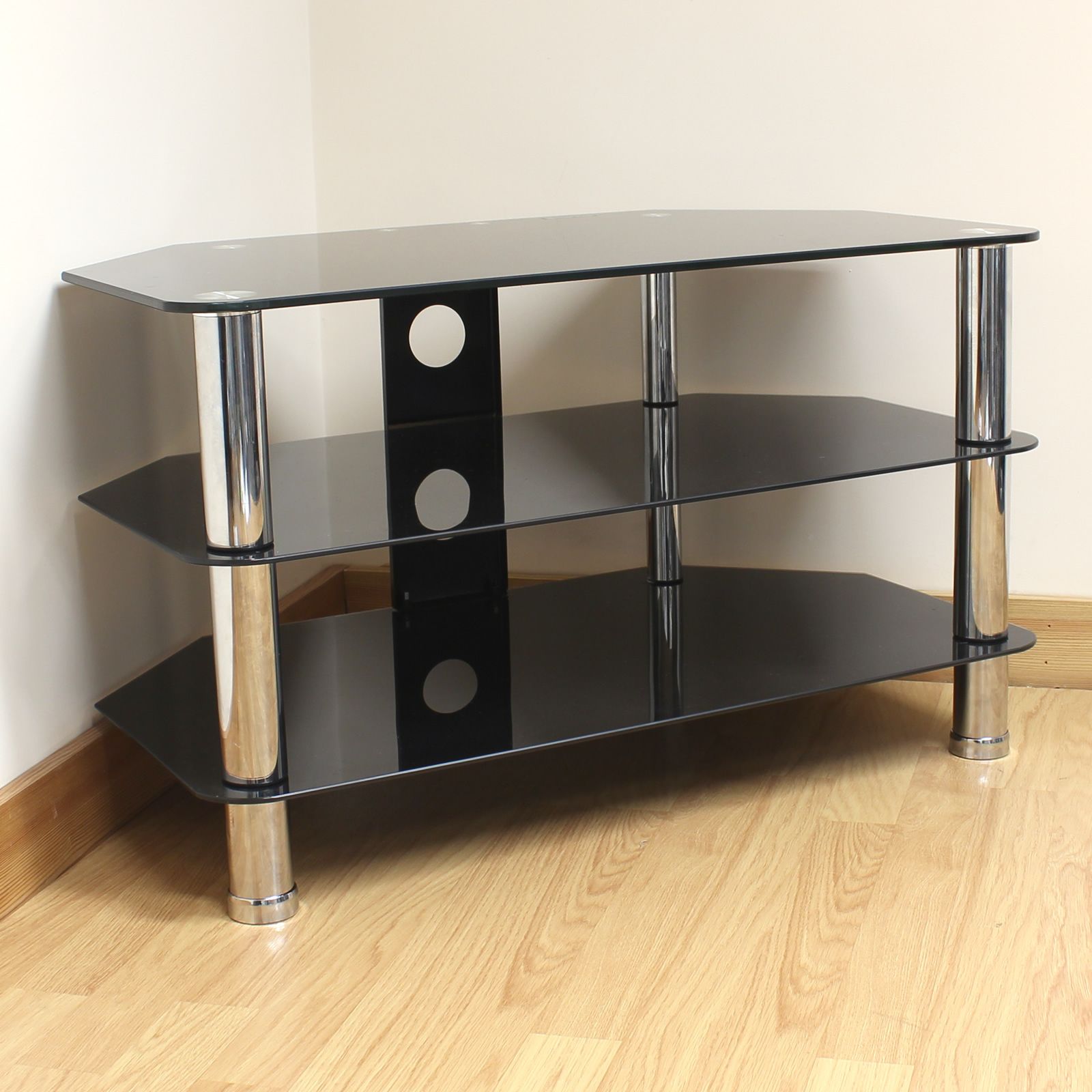 Hartleys Black Glass 3 Tier Corner Led/lcd/plasma Tv Stand Throughout Glass Shelves Tv Stands For Tvs Up To 50" (View 9 of 15)