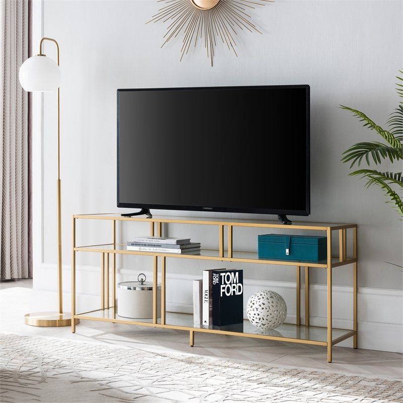 Henn&hart 55" Brass Metal Tv Stand With Glass Shelves – Tv0488 Within Glass Shelves Tv Stands (View 1 of 15)