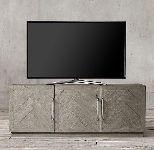 Herringbone Triple Door Media Console | Media Console Pertaining To Media Console Cabinet Tv Stands With Hidden Storage Herringbone Pattern Wood Metal (View 7 of 15)