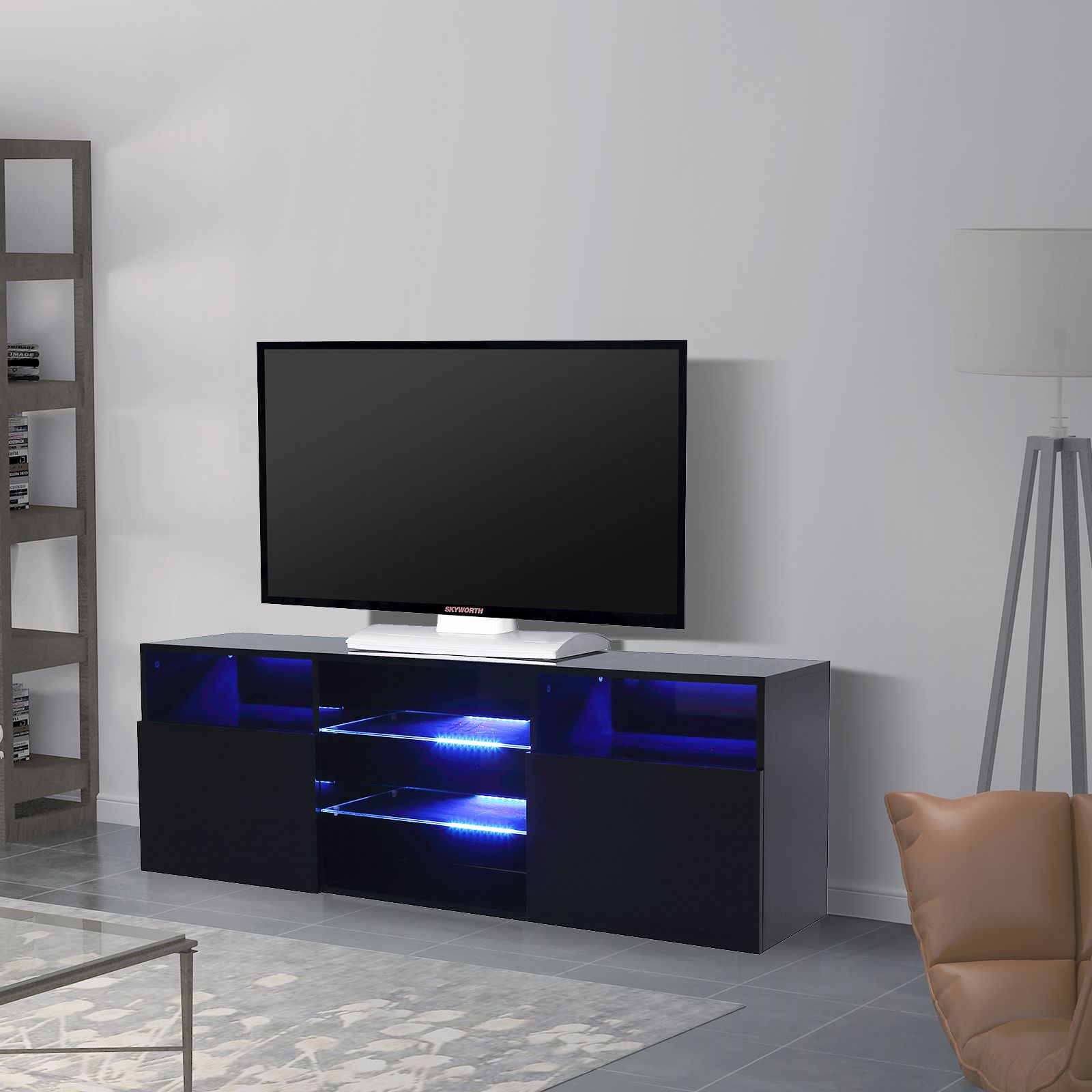 High Gloss Black 57'' Tv Stand Unit Cabinet With Led Light Regarding Black Gloss Tv Cabinets (View 6 of 15)