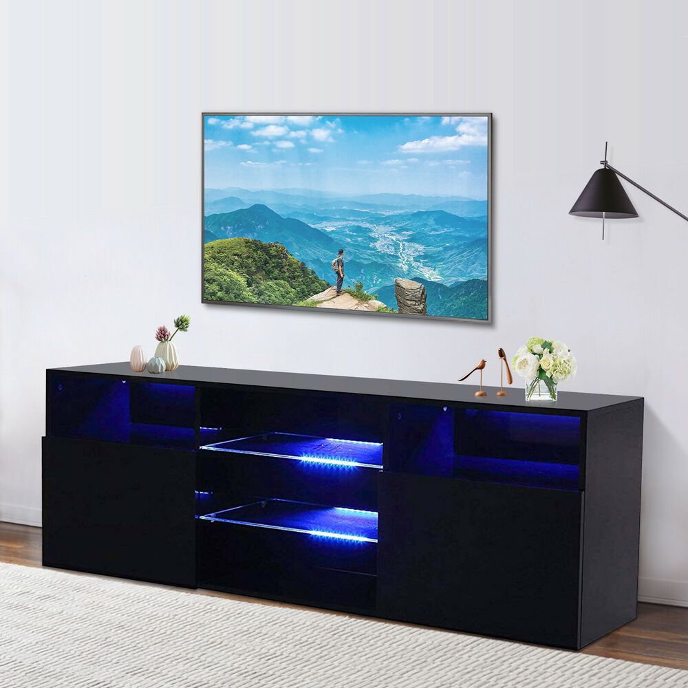 High Gloss Black Led Tv Stand Unit 2 Doors 2 Shelves In 57&#039;&#039; Led Tv Stands Cabinet (View 11 of 15)