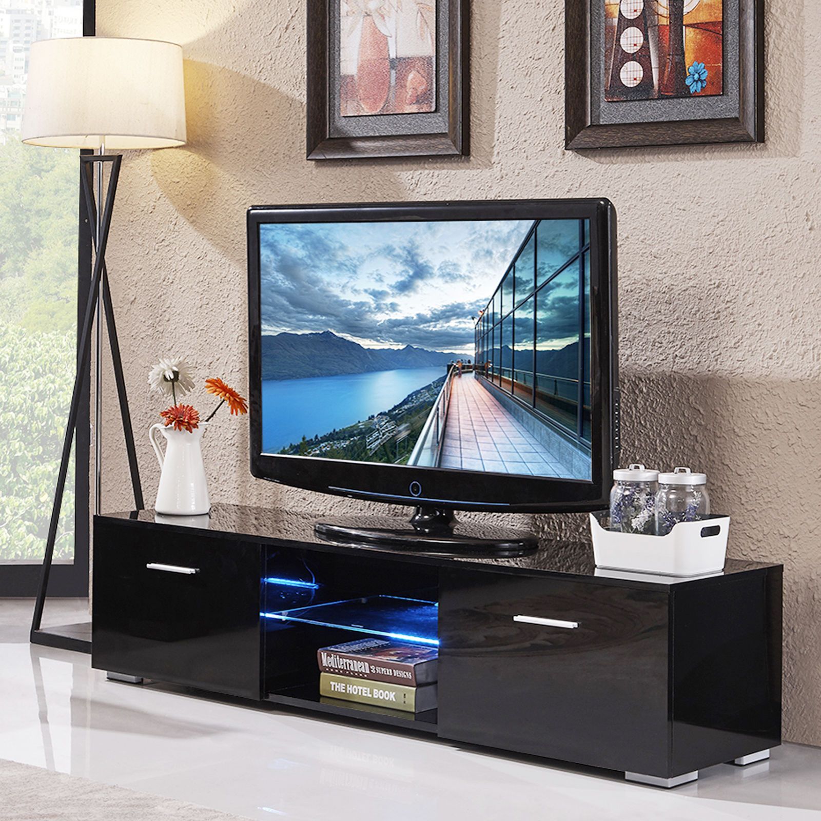 High Gloss Tv Stand Unit Cabinet Console Furniture W/led Inside Black Tv Cabinets With Drawers (View 5 of 15)