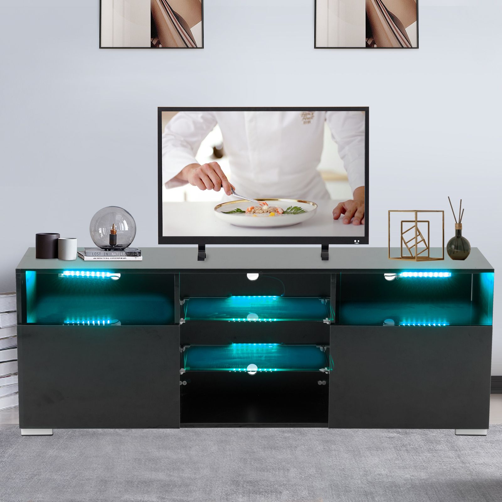 High Gloss Tv Stand With Led Lights, White Tv Stand For 58 Throughout Horizontal Or Vertical Storage Shelf Tv Stands (View 2 of 15)