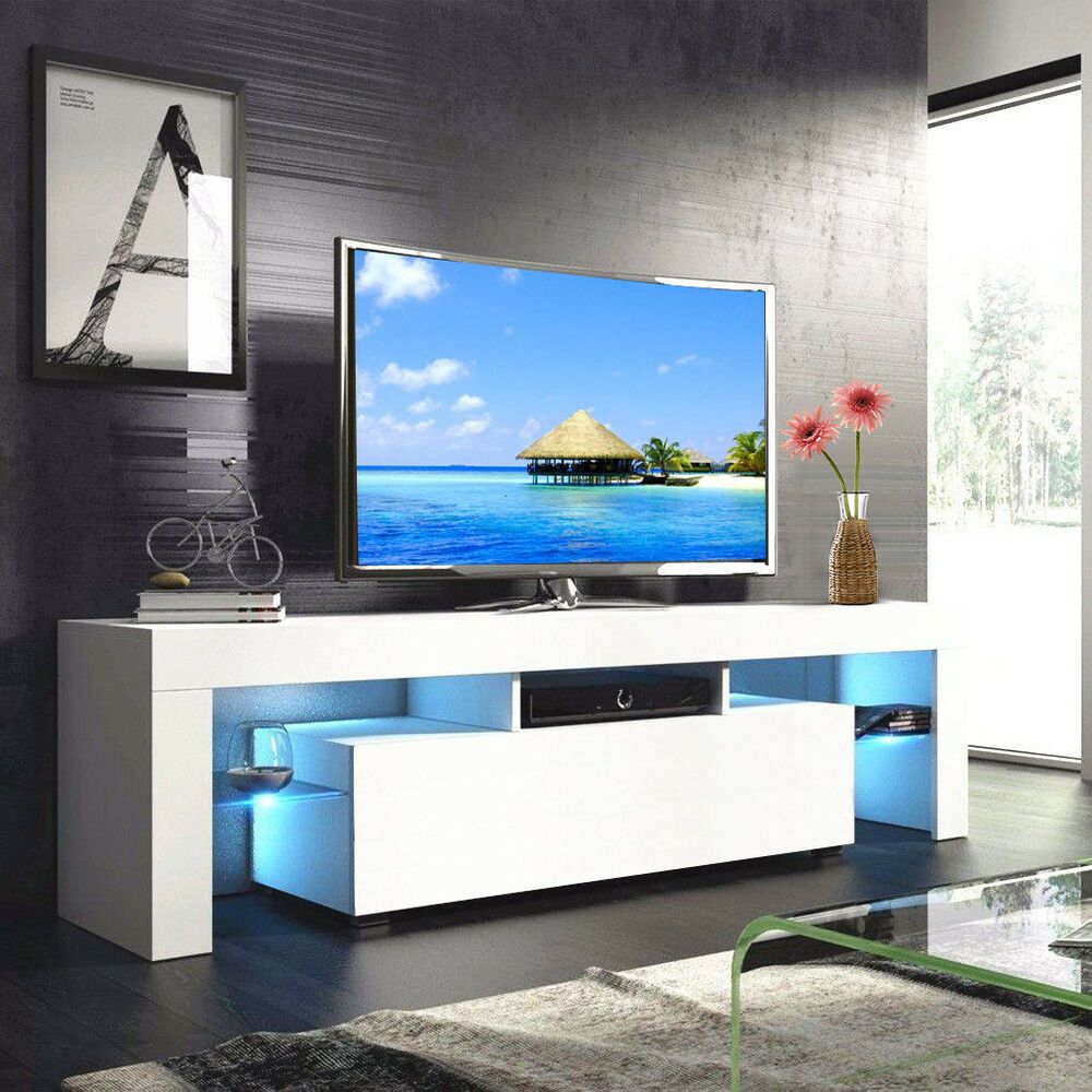 High Gloss White 63'' Tv Stand Unit Cabinet With Led Light With Regard To 47&quot; Tv Stands High Gloss Tv Cabinet With 2 Drawers (View 5 of 15)