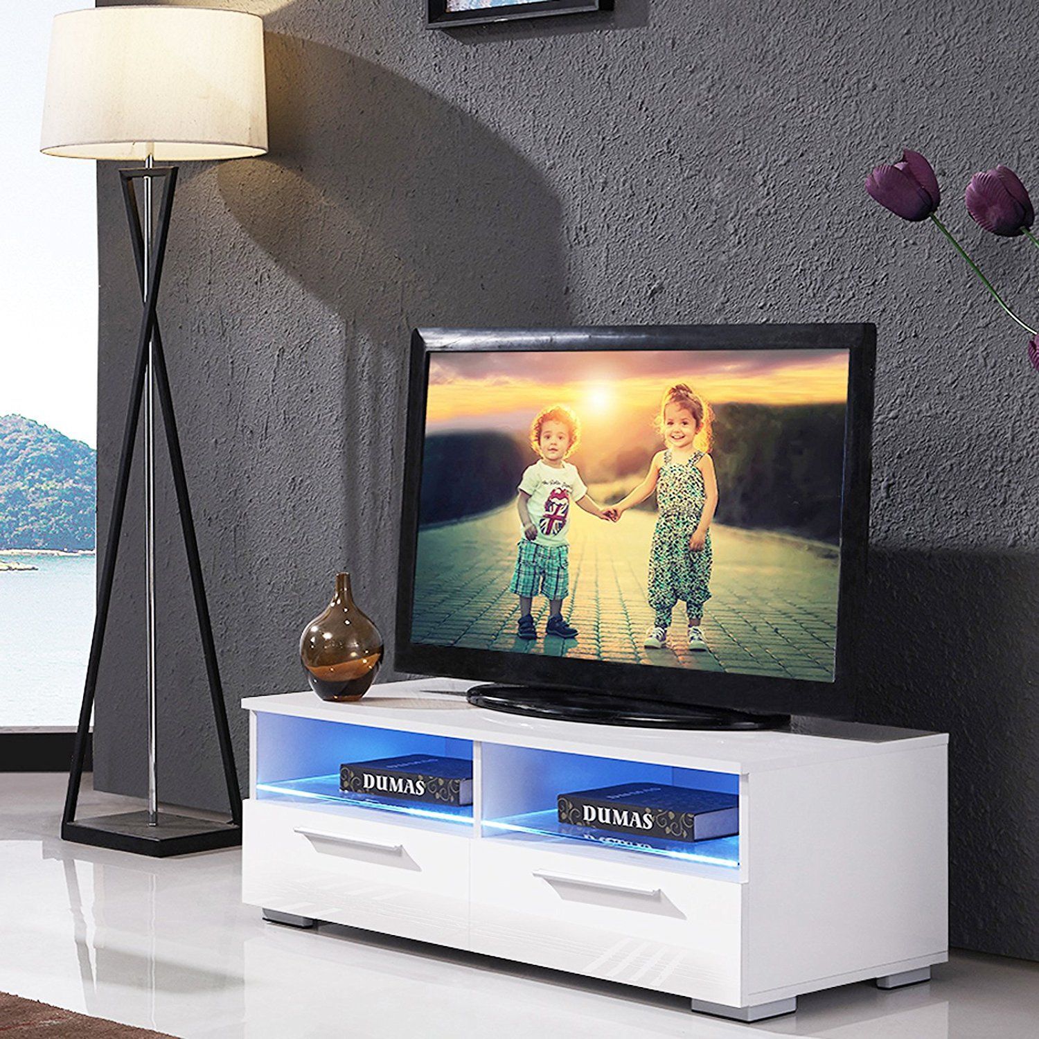 High Gloss White Tv Stand Unit Cabinet With Led Light In White Gloss Tv Stand With Drawers (View 7 of 15)