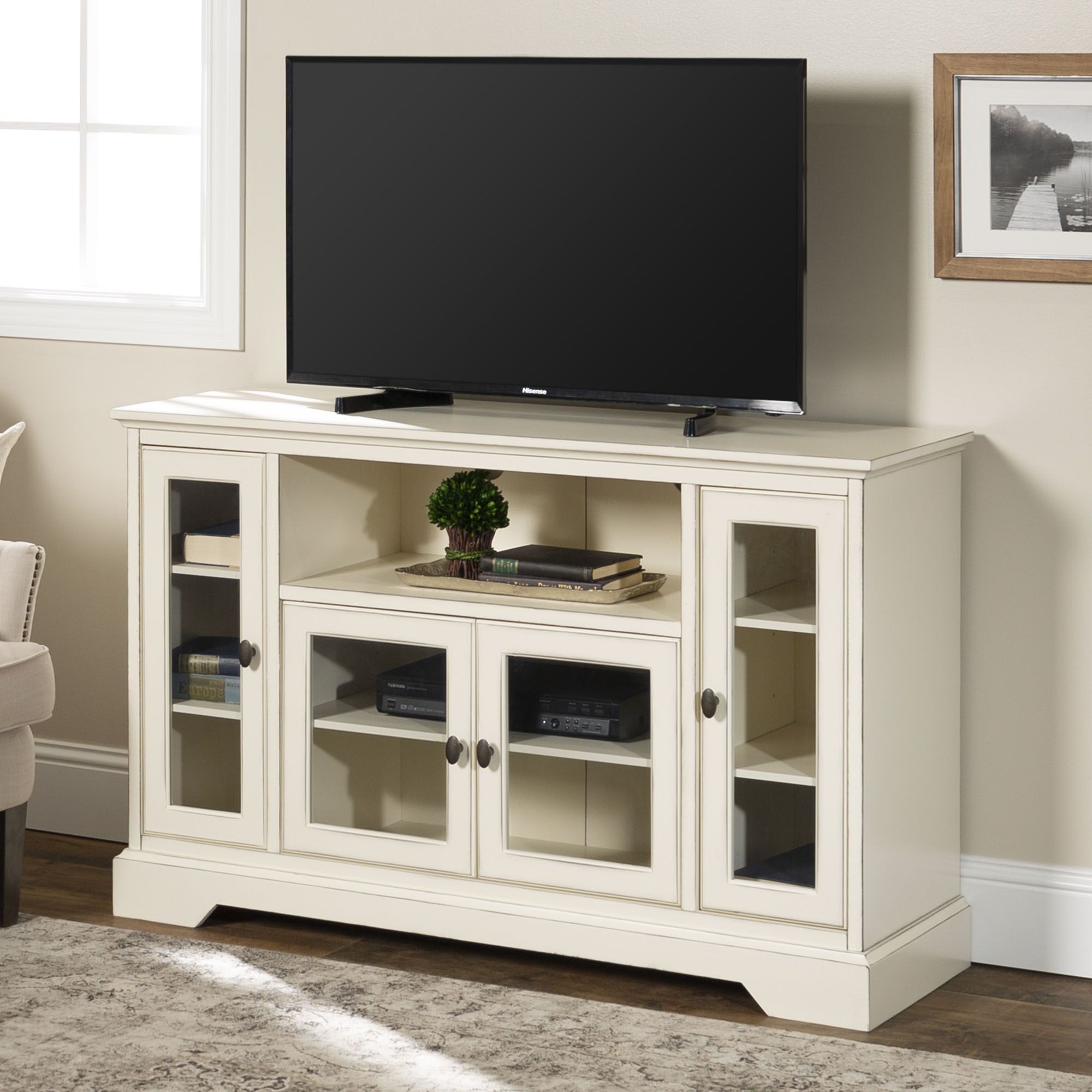 Highboy Style Wood Media Storage Antique White Tv Stand With White Wood Tv Cabinets (View 9 of 15)