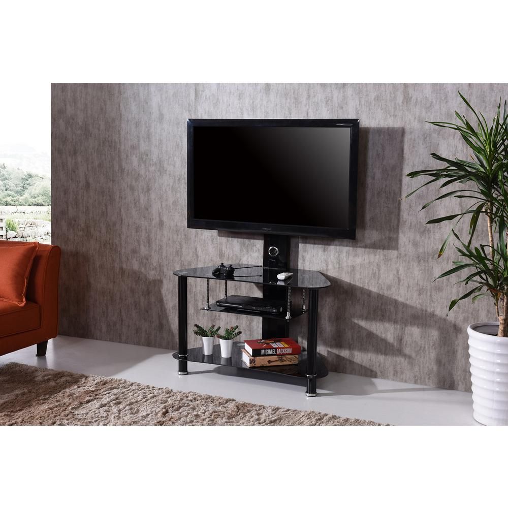 Hodedah 35 In. Wide Glass Tv Stand With Swiveling Mount Inside Tv Glass Stands (Photo 6 of 15)