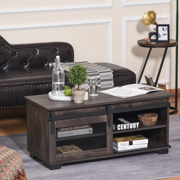Homcom Farmhouse Coffee Table With Sliding Mesh Barn Door For Tv Stands With Table Storage Cabinet In Rustic Gray Wash (View 8 of 15)