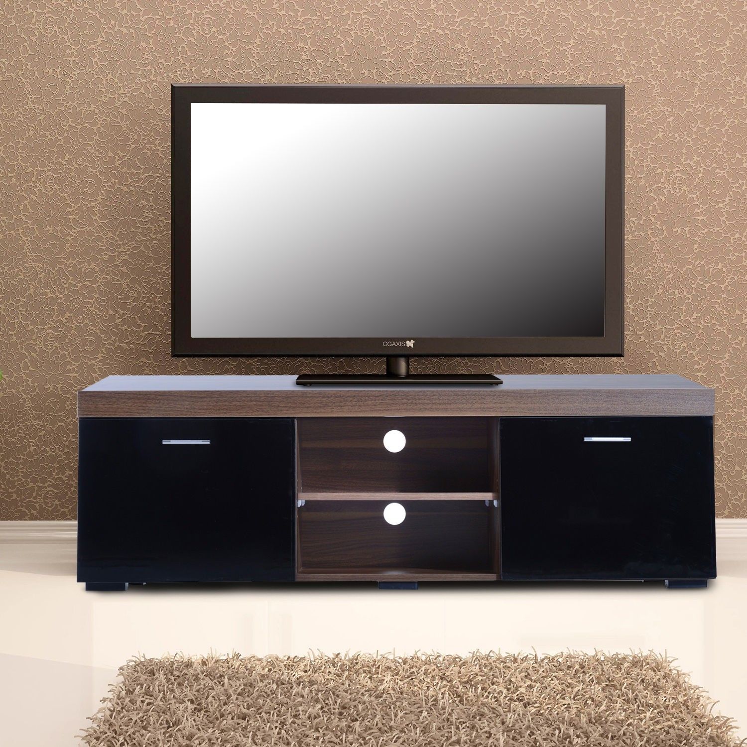 Homcom Tv Stand Storage Cabinet W/ Shelves Walnut/black Within Walnut Tv Cabinets With Doors (Photo 12 of 15)